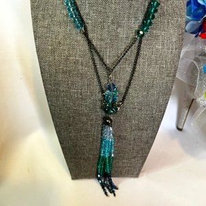 Turquois and Blue Long Beaded Necklace with Black Chain.